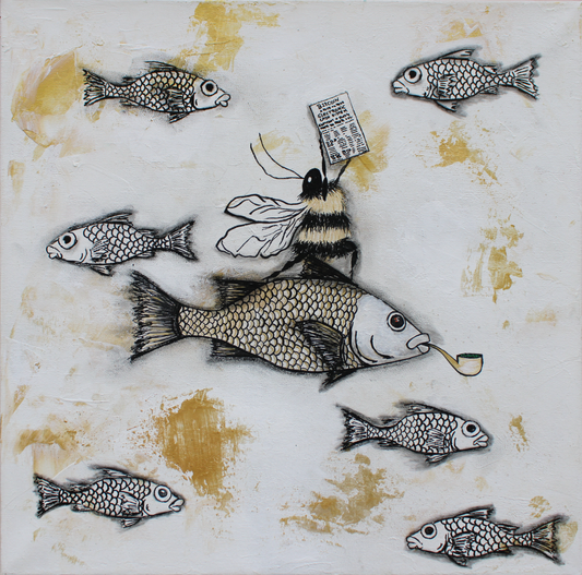 The fish with a pipe with a bee on top holding the white paper